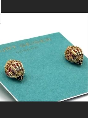 Gold Hedgehog Stud Earrings with Pink and Black Crystals